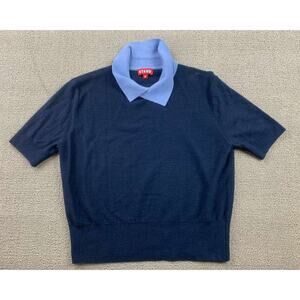 STAUD Sweater Women M Merino Wool Blend Contrast Collar Polo Short Sleeve Navy